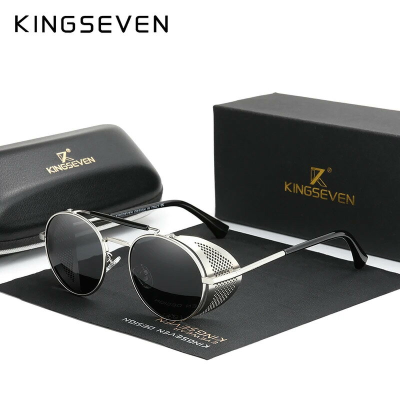 KINGSEVEN ファッションスチームパンクヴィンテージサングラス男性ラウンドレンズ偏光眼保護メガネ運転男性の眼鏡