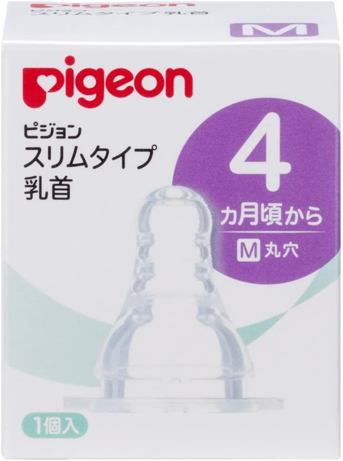 柔らかく、スムーズに飲めるよう開発された乳首です。 耐久性にすぐれたシリコーンゴム製。 4ヵ月からの赤ちゃんにぴったりの、Mサイズ（丸穴）1個入り。 ※Kタイプ哺乳びんにもお使いいただけます。 ※同じ月齢でも飲み方には個人差があります。成長と飲み方に合わせて、赤ちゃんに合った乳首を選びましょう。 1回の授乳で、母乳と同じ10〜15分かけて飲むのが乳首選びのひとつの目安です。 【使用時期目安】 ◇S（丸穴）0ヵ月〜※生後すぐの赤ちゃんに ◇M（丸穴）4ヵ月頃〜 ◇Y（スリーカット） 6ヵ月頃〜 ◇L（丸穴） 9ヵ月以上※Yよりもっと飲みたい赤ちゃんに ◇果汁用（クロスカット） ※果汁などの濃いものや、繊維の多いものでもラクに飲めます。 【消毒方法】 煮沸：○　レンジ：○　薬液：○ 【材料の種類】 乳首：合成ゴム（シリコーンゴム） 【ご注意】 この乳首にはスリムタイプ以外の哺乳瓶は使用できません。 ご使用後は、専用のブラシなどを使用して十分に洗浄した後、消毒を行ってください。 お子様の手の届かない場所で保管してください。 哺乳びんは、赤ちゃんの授乳や他の飲み物を与えるためのものです。それ以外の目的には使用しないでください。 【お問い合わせ先】 ピジョン株式会社 お客様サポート 〒103-8480 東京都中央区日本橋久松町4番4号 TEL：0120-741-887 ＜受付時間＞9:00〜17:00 (土・日・祝を除く） ・広告文責：吉通貿易株式会社 TEL：048-940-1206