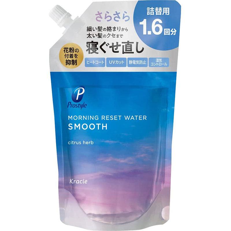 ●細い髪の絡まりから太い髪のクセ・ハネまでしっかりリセットしてさらさらな指通り。 ●花粉の付着を抑制し、外出も快適。 ●ヒートコート、UVカット、静電気防止、湿気コントロール。 ●うるおい成分：シトラスエッセンスEX配合。 ●ダメージ補修成分：Wアミノ酸配合。 ●ブラッシングによる摩擦から髪を守ります。 【使用方法】 ・注ぎ口にある キャップを矢印の方向へ回して開けてください。 ・注ぎ口をボトルに差し込み泡立たないようにゆっくり注いでください。 ・必ず「プロスタイル モーニングリセットウォーター シトラスハーブの香り」の空ボトルに詰め替えてください。 ・詰め替え前に空ボトルの中とスプレー部分をよく洗い、よく乾かしてください。 ・水道水や他の製品と混ぜないでください。 ・詰め替え後は必ずキャップをしっかり閉めて冷暗所に保管してください。 【成分】 水、エタノール、レモン果実エキス、グレープフルーツ果実エキス、オレンジ果汁、グルタミン酸Na、アルギニン、セリン、グリコシルトレハロース、(アクリレーツ／アクリル酸ステアリル／メタクリル酸エチルアミンオキシド)コポリマー、メトキシケイヒ酸エチルヘキシル、BG、グリセリン、PEG-60水添ヒマシ油、イソプロパノール、加水分解水添デンプン、ステアルトリモニウムクロリド、メチルパラベン、香料 【注意事項】 ・お肌に異常が生じていないかよく注意して使用してください。 ・頭皮に合わない時、また傷、湿しん等、異常のある時は使用しないでください。 ・使用中、赤味、はれ、かゆみ、刺激、色抜け(白斑等)や黒ずみ等の異常が現れた時は使用を中止し、皮フ科専門医等へのご相談をおすすめします。そのまま使用を続けると症状が悪化することがあります。 ・乳幼児の手の届かないところに置いてください。 ・目に入った時はすぐに洗い流してください。 ・目のまわりや粘膜等にはスプレーしないでください。 【お問い合わせ先】 クラシエホームプロダクツ株式会社 お客様センター 〒108-8080 東京都港区海岸3-20-20 TEL：0120-540-712 ＜受付時間＞9:00〜17:00（土日・祝日・各窓口休業日を除く） ・広告文責：吉通貿易株式会社 TEL：048-940-1206 ・内容量：450ml&#9656;&#9656;ゲリラセールや&#9666;&#9666;ここだけのお得情報も！&#9656;&#9656;メルマガ登録&#9666;&#9666; &#9656;&#9656;セール開始や&#9666;&#9666;ポイント UPをお知らせ！&#9656;&#9656;お気に入り登録&#9666;&#9666;