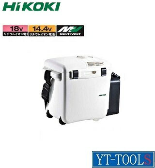 メーカー：HiKOKI 商品名：(コードレス)冷温庫【型式 UL18DA(NM)】 【特長】 ●保冷・保温機能パワーアップ(3モードで細かく温度設定) ●大容量25L ●3電源対応でどこでも使える ●キャスター付きで持ち運びラクラク♪ ●ケーブル収納スペース ●ストッパ 開いたままで固定できるから、物の出し入れが楽ちん！ ●生活防水仕様（防水保護等級IPX4） 若干の雨にさらされても動作に支障のでない生活防水構造 【仕様】 ●入力電源：14.4/18V スライド式リチウムイオン電池 ・マルチボルト蓄電池（残量表示付）・家庭用交流100V 電源（AC100V 50/60Hz）・直流12V 車載電源（DC12V） ●内容積(L)：25 ●冷却方式：電子冷却方式 ●保冷性能：保冷温度(最低温度5°)HIGH：外気温に対して−25℃・MID：外気温に対して−20℃・LOW：外気温に対して−10℃ ●設定した庫内温度に達するまでの時間※1HIGH：約4時間 ・MID：約3時間 ・LOW：約40分 ●保温性能：保温温度(最高温度55℃)HIGH：外気温に対して＋45℃・MID：外気温に対して＋40℃・LOW：外気温に対して＋25℃ ●設定した庫内温度に達するまでの時間※1 HIGH：約3時間・MID：約2時間・LOW：約40分 ●蓄電池使用時の連続使用時間※2※3 HIGH：約2時間30分・MID：約3時間10分・LOW：約5時間 ●蓄電池充電時間※4（気温20℃時）：5.0Ah：約3時間20分 ●蓄電池装着可能数：2個 ●使用温度範囲：0℃〜40℃ ●機体寸法(縦×横×高さ)(mm)：340×560×445 ●質量(kg)：8.0(蓄電池は除く) 【セット内容・付属品】 ●ACアダプタ ●車載用DCコード ●ショルダーベルト ●電池カバー ●ハンドル