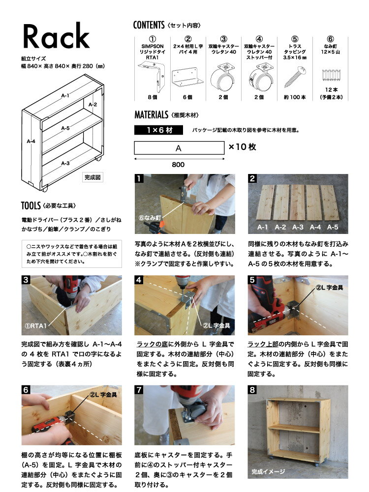 キャスター付ラックのDIY金具キット（シンプソン金具と専用ビスのセット） ［2個セットでの販売］ ※木材別売 SIMPSON金具/ガレージ./DIY/ウッドデッキ/小屋/リノベーション/男のDIY/ログハウス/アメリカンDIY