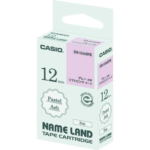 TR カシオ ネームランド用アッシュテープ、ソフトピンクにグレー文字12mm