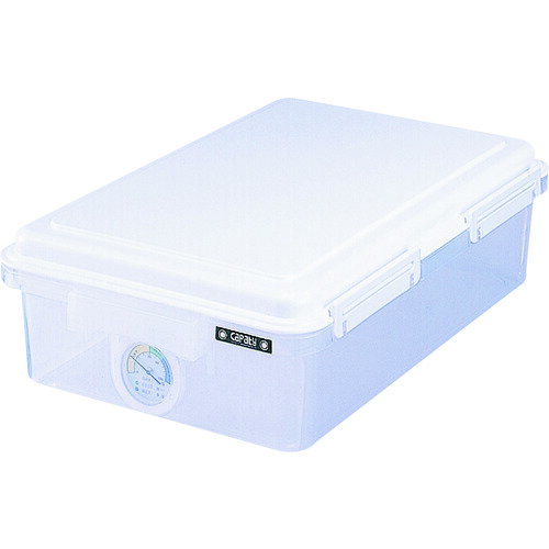 取寄せ品の為2〜3日（稼働営業日発送）【特長】●フタの周囲はシリコンゴムを使った密閉方式です。●乾燥状態が一目でわかる湿度計と乾燥剤付です。●中身が見えるクリアボディでスタッキングも可能です。●乾燥剤は再使用可能です。【用途】【仕様】●色：ホワイト●容量(L)：約11●本体寸法(mm)間口：306●本体寸法(mm)奥行：486●本体寸法(mm)高さ：138●本体内寸(mm)間口：251●本体内寸(mm)奥行：403●本体内寸(mm)高さ：100【材質・表面仕上】●本体・スペーサー:ポリプロピレン●フタ・止め具:ハイインパクトスチロール樹脂●パッキン:シリコンゴム●湿度計本体:スチロール樹脂【注意事項】【サイズ】長さ：486.00X幅：306.00×高さ：306.00（単位MM)※予告無く仕様変更、廃番になることがあります。ご注文後に欠品等が判明した場合はご連絡させていただきます。