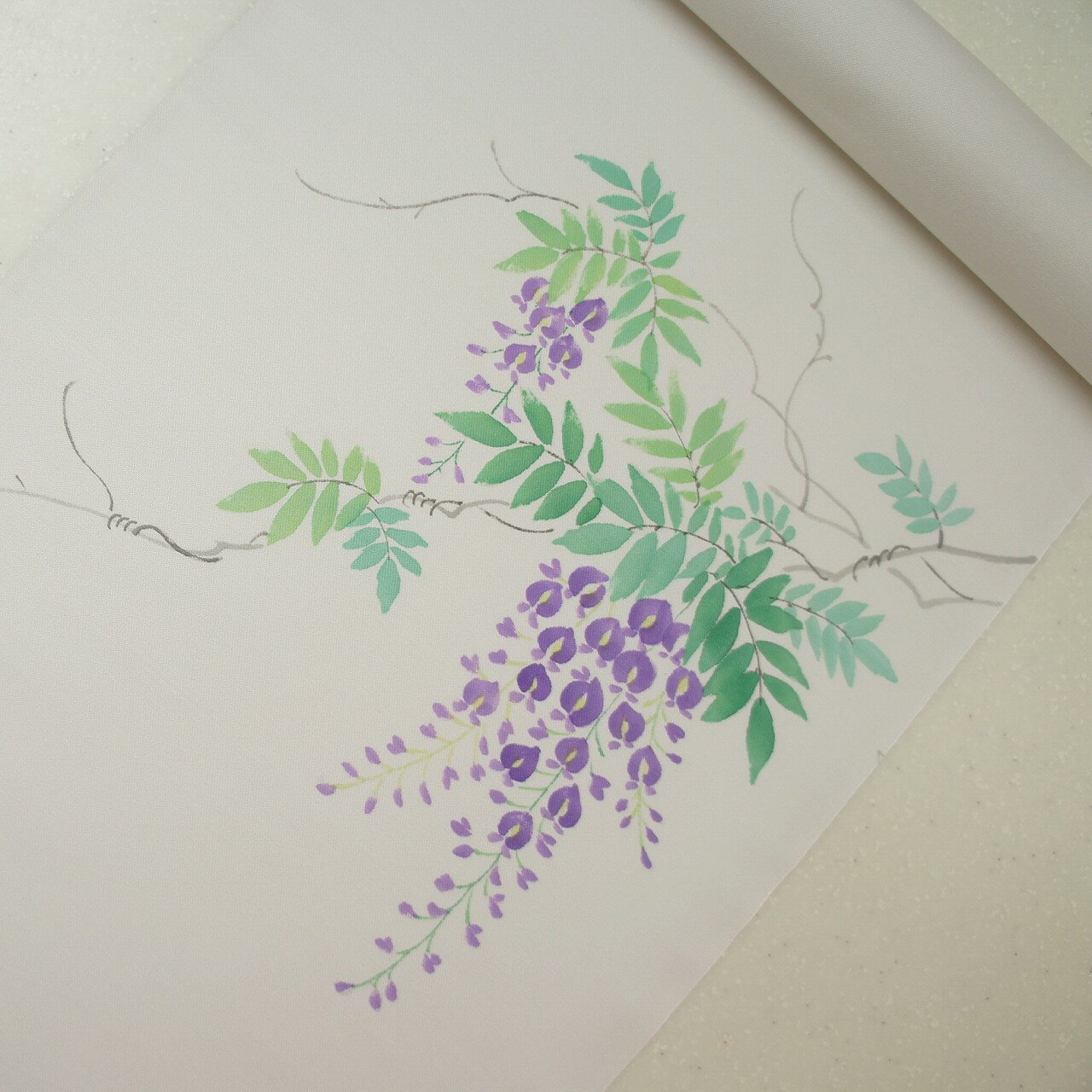 正絹織地手描き染帯 お仕立て付き 極薄いグレー地 藤の花 お買い得品 染帯