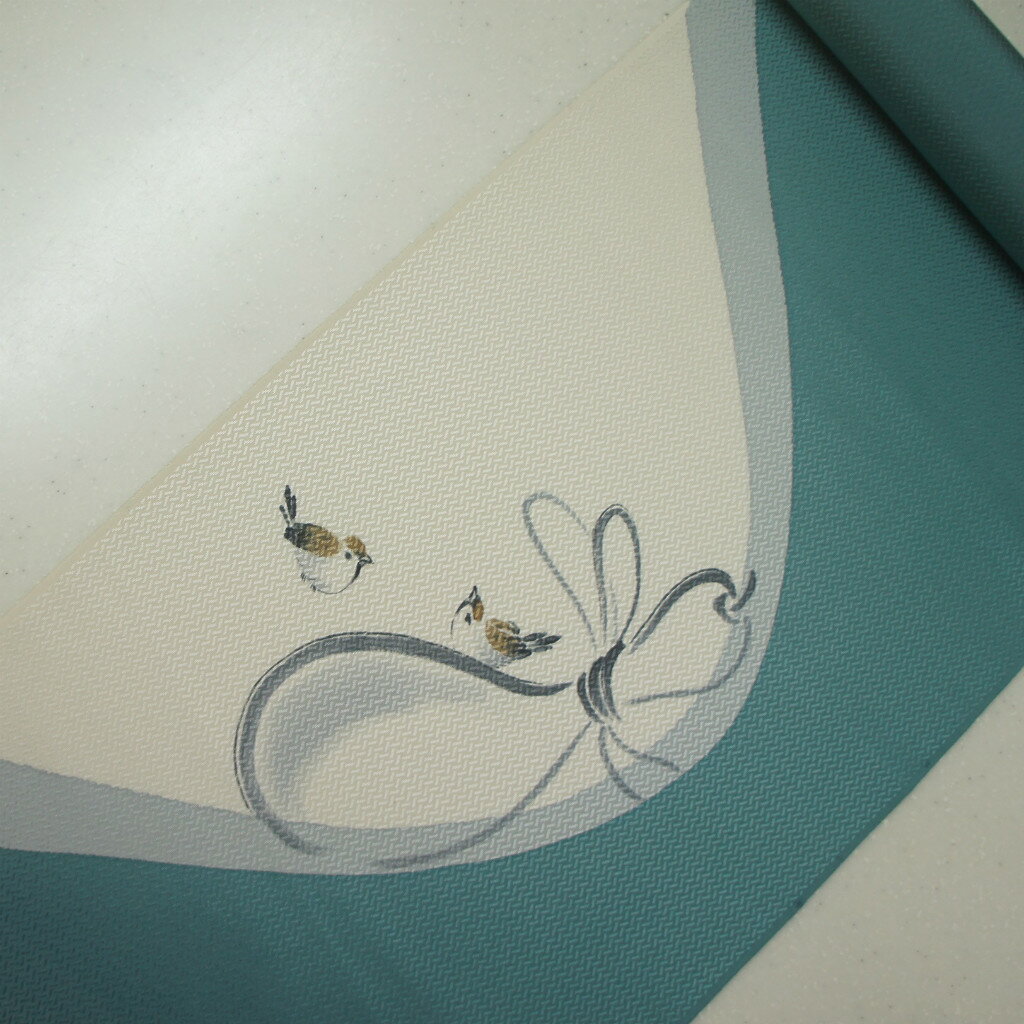 タイムセール 正絹紋意匠手描き友禅染帯 お仕立て付き 青磁地 瓢箪に雀柄 染め帯