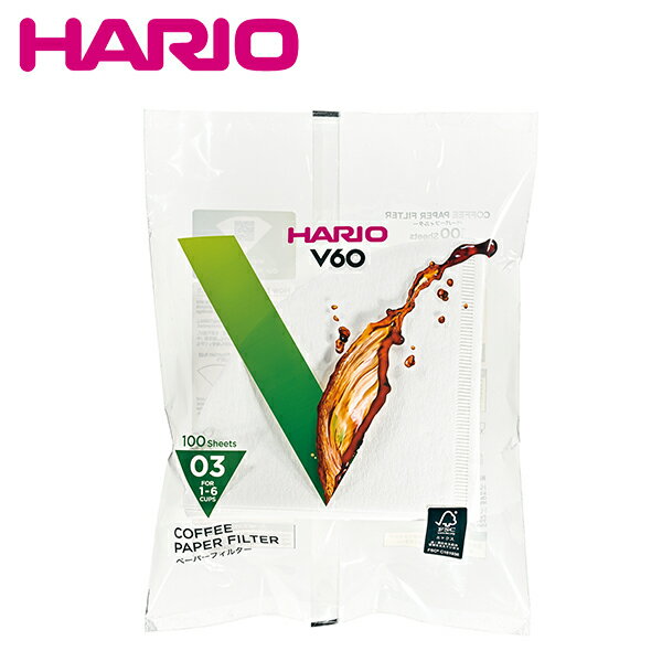 HARIO ハリオ　VCF-03-100W 1～6杯用・100枚入 (03袋) V60用ペーパーフィルター酵素漂白03袋
