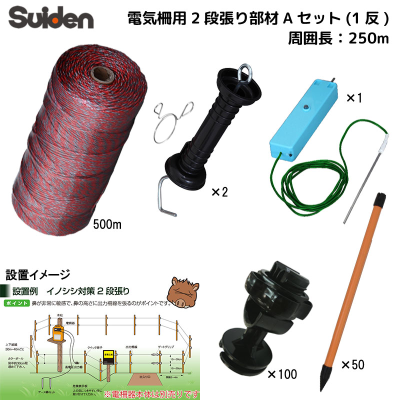 スイデン 電気柵 オプションセット 250m 2段張り部材 Aセット 1034150 ポール 900mm 50本 柵線(電線) 500m テスター ゲートグリップ 碍子 猪などの害獣対策に 代引不可 suiden