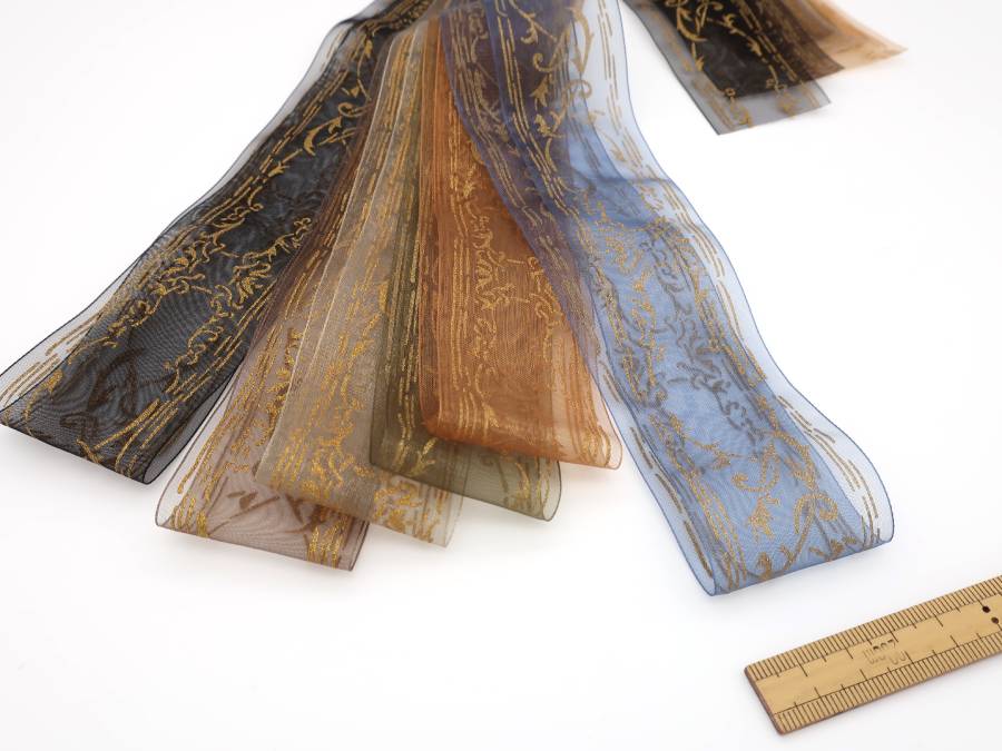 木馬 ゴールドラメ柄 プリントオーガンジーリボン [品番 4566] [15m巻] （取り寄せ）【RCP】