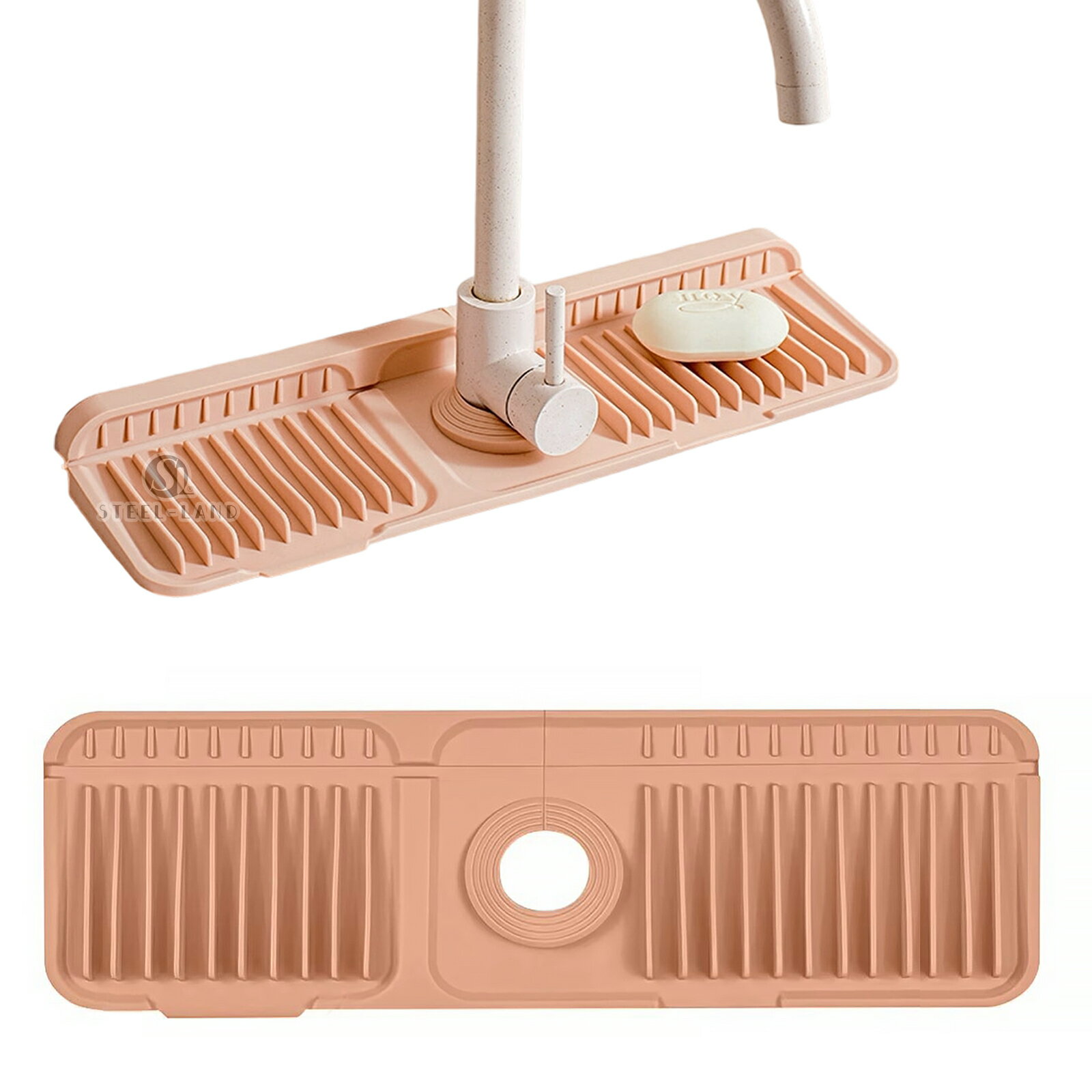 【YOUFU】蛇口水切りマット 45×14cm シリコン製 固定バックル付き 傾斜設計 排水スプラッシュガード 抗菌 速乾 滑り止め 洗える キッチン・洗面台・バスルーム用 水汚れ防止（グレー／ピンク／ブラック／グリーン）