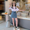 キッズ 女の子 ジュニア デニム 重ね着風 キュロットスカート スカパン 綿素材 薄手 ミドルウエスト おしゃれ 韓国 普段着 通学 お出かけ 春夏