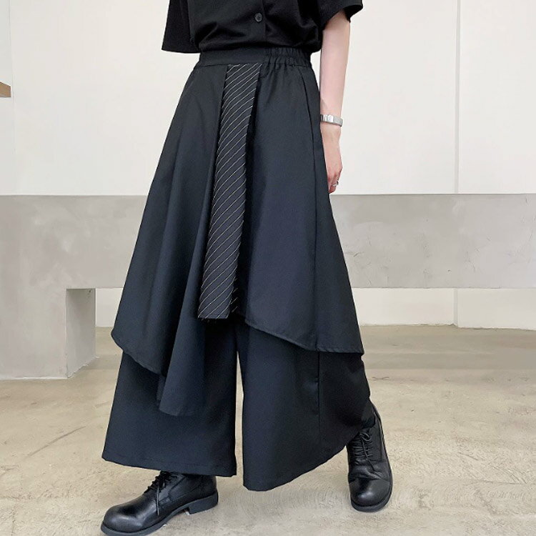 サルエルパンツ 袴パンツ 男女兼用 ワイドパンツ ゆったり スカンツ ガチョウパンツ ウエストゴム 無地 ビッグシルエット 黒 ブラック 和風 オシャレ リラックスパンツ ユニセックス クロップドパンツ 重ね着風 スカートパンツ ストリート系 大きいサイズ