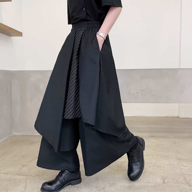 サルエルパンツ 袴パンツ 男女兼用 ワイドパンツ ゆったり スカンツ ガチョウパンツ ウエストゴム 無地 ビッグシルエット 黒 ブラック 和風 オシャレ リラックスパンツ ユニセックス クロップドパンツ 重ね着風 スカートパンツ ストリート系 大きいサイズ