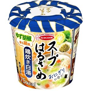 ■　商品説明滑らかで、ちゅるんとした食感のはるさめです。スープとの相性の良さにこだわりました。チキンをベースに、昆布や鰹だしの旨みを加えた、バランスの良い鶏白湯スープです。ゆず胡椒の爽やかな風味と辛さがアクセントとなり、最後まで飽きのこない味わいに仕上げました。シャキシャキとした食感の良いキャベツ、食感の良い大豆そぼろ、彩りの良い人参、ねぎを加えて仕上げました。 【原材料】 春雨（中国製造（でん粉、醸造酢））、かやく入りスープ（食塩、キャベツ、乳化油脂、砂糖、大豆加工品、チキン調味料、酵母エキス、人参、ゆず胡椒パウダー、ねぎ、コンブエキス、魚介調味料、たん白加水分解物、オニオンエキス、香辛料）／調味料（アミノ酸等）、増粘剤（加工でん粉、増粘多糖類）、香料、微粒二酸化ケイ素、酸味料、カラメル色素、（一部に小麦・乳成分・ごま・さば・大豆・鶏肉を含む） 【栄養成分】1食（22g）あたり エネルギー：75kcal、たん白質：1.3g、脂質：0.5g、炭水化物：16.8g（糖質：16.0g、食物繊維：0.8g）、食塩相当量：1.9g（春雨・かやく：0.6g、スープ：1.3g） 【アレルギー物質】 小麦、乳成分、ごま、大豆、鶏肉、さば 【保存方法】 高温多湿や香りの強い場所、直射日光を避け常温で保存 ※リニューアルに伴い、パッケージ・内容等予告なく変更する場合がございます。予めご了承ください。