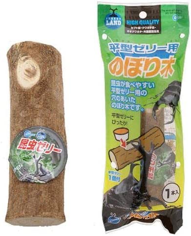 ■　商品説明マルカン　平型ゼリー用　のぼり木　1本 対象 昆虫 特長 ●昆虫が食べやすい平型ゼリー用の穴のあいたのぼり木です。 ●ゼリーや密でマットを汚しません。 ●昆虫がつかまりやすく、重量がある木製品です。 ●昆虫ゼリー1個付きです。 数量 1本（平型ゼリー1個付き） サイズ（約） 直径5×長さ15cm ※本品は天然素材を使用した手作り商品のため、サイズにかなりのバラつきがあります。 また、形状も個々に異なります。予めご了承ください。 材質 天然木 生産国 タイ（ゼリー：中国） ご注意 ※本品は昆虫の飼育用品です。他の目的には使用しないでください。 ※本品は天然素材を使用した手作り商品のため、商品の寸法・質量・色などが異なる場合があります。あらかじめご了承ください。 ※本体が汚れてきたら新しいものと取り替えてください。 お問い合わせについて 商品の不明点につきましては、下記にお問い合わせください。 株式会社マルカン　お客様相談室 TEL：072−931−0345