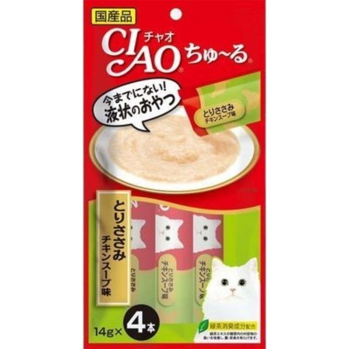 CIAO チャオちゅ~る【とりささみ チキンスープ味】(14g×4本) 猫用 ごはん 緑茶成分配合 ペースト 液状 スティック ちゅーる