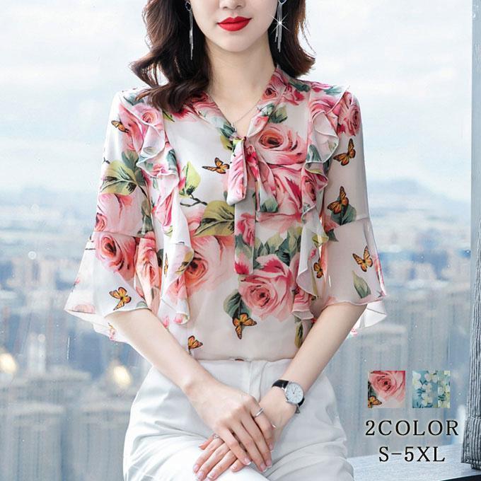 シフォンブラウス レディース 薄手花柄シフォン ふんわりフレアスリーブ 七分袖 7分袖 フリル袖 リボン..