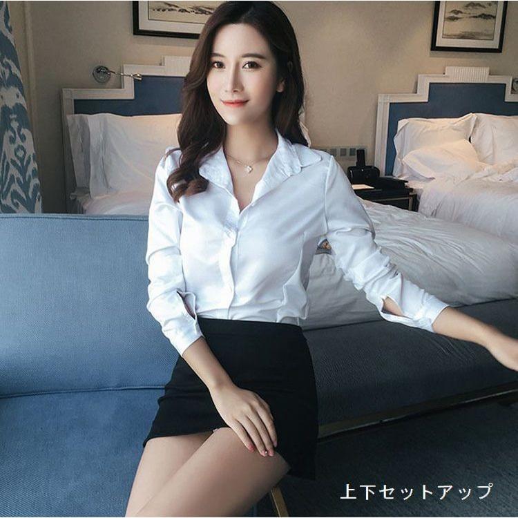 セットアップ レディース 上下セット コスチューム 衣装 白シャツ ブラウス スカート 2点セット タイト スリム フィット ミニ丈 白 黒 ホワイト