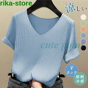 接触冷感 サマーニット リブニット ニット Tシャツ カットソー 半袖 Vネック レディース 夏 トップス シンプル 涼しい 無地 重ね着 インナー