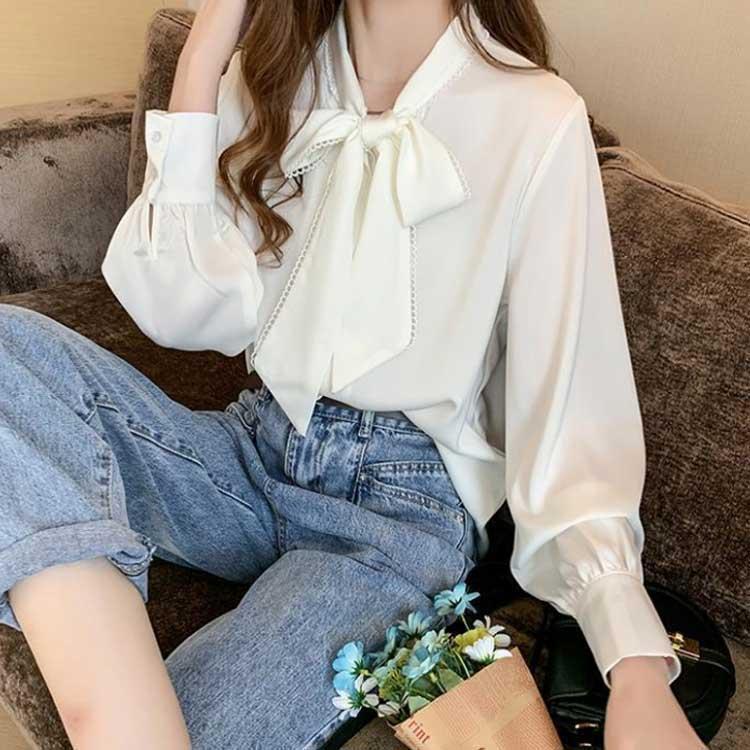 ボウタイブラウス 長袖 シフォン フリル レディース 40代 リボン シャツ 通勤 オフィス 秋服 トップス ゆったり 春夏秋 韓国風 カ