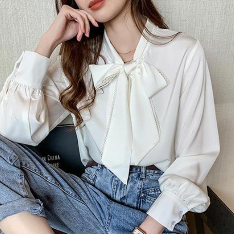 ボウタイブラウス 長袖 シフォン フリル レディース 40代 リボン シャツ 通勤 オフィス 秋服 トップス ゆったり 春夏秋 韓国風 カ