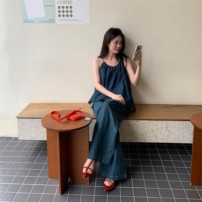 パンツセットアップ レディース 夏 上下セット デニムキャミソール デニムパンツ ロングパンツ ワイドパンツ ゆったり 大きいサイズ 無地 重ね着風 通勤 仕事