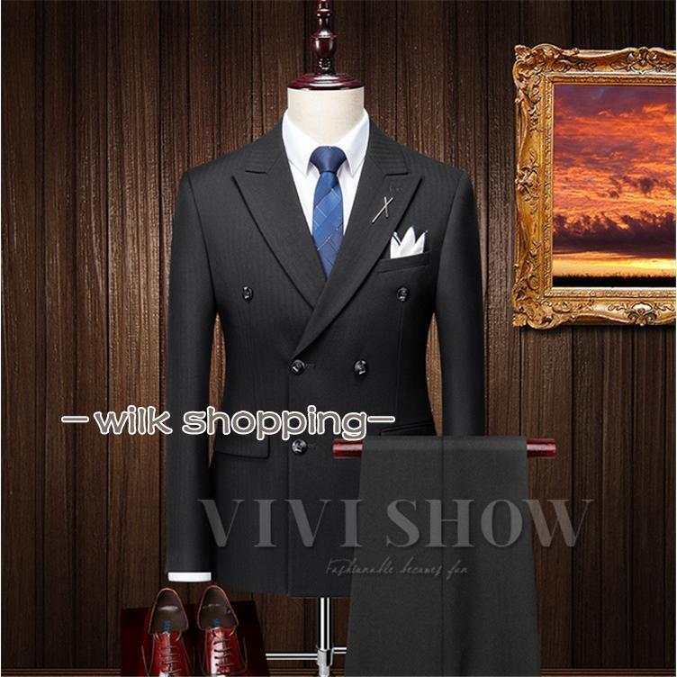 メンズ ダブル スーツ スリム 細身 スリーシーズン対応 モードスタイル 6ツボタンスタイリッシュ メンズスーツ ビジネススーツ