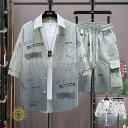 セットアップ メンズ 上下セット 夏 半袖 半袖シャツ 大きいサイズ ハーフパンツ アロハシャツ ストライプ グラデーション