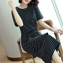 マキシワンピース ボーダー柄 縞柄 ワンピース レディース ミモレ丈 無地 夏 ロングワンピース Tシャツワンピース 半袖 ゆったり(4)