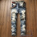 パッチワークデニム メンズ ジーンズ ダメージ加工 ストレートパンツ カジュアル メンズ ボトムス ロングパンツ ストリート ファッション 紳士服 おしゃれ