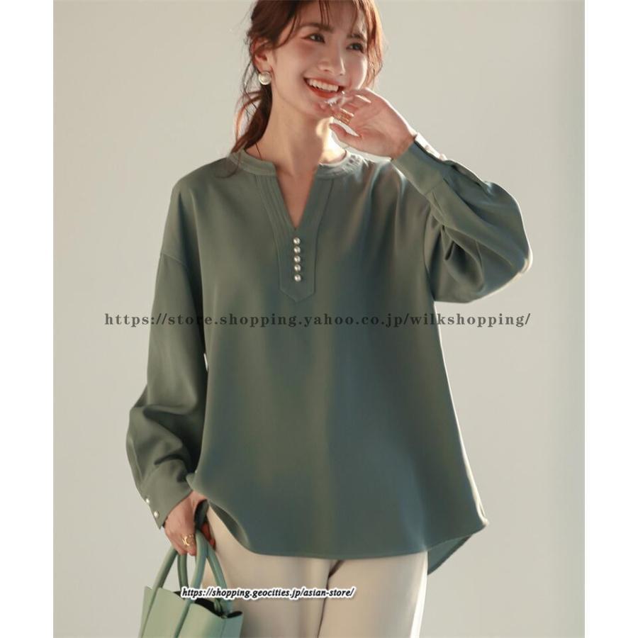シャツ ブラウス パール釦キーネックブラウス Tブラウス レディース 長袖 仕事 オフィス 洗える 高見え 40代 50代 30代 トップス 楽チン ビジネス OL 制服