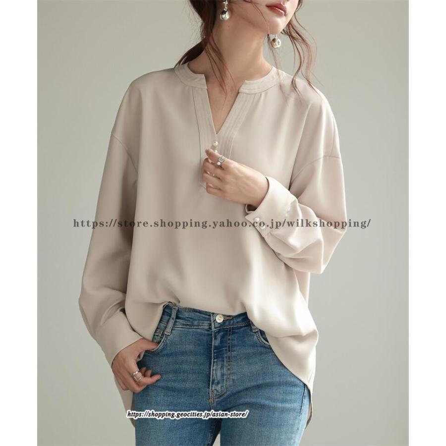 シャツ ブラウス パール釦キーネックブラウス Tブラウス レディース 長袖 仕事 オフィス 洗える 高見え 40代 50代 30代 トップス 楽チン ビジネス OL 制服