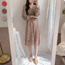 膝丈ワンピース 長袖 シフォンワンピ 花柄 レディース ワンピース Vネック 長袖ワンピース ミディアム丈 通勤 レトロ 花柄ワンピース シフォン