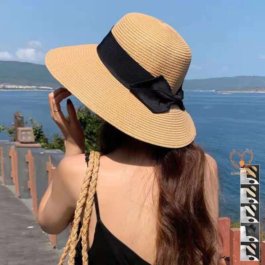 麦わら帽子 ストローハットリボン付き夏帽