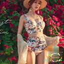 水着 レディース 体型カバー タンキニ ショートパンツ 2点セット フレア パッド付き ワイヤービキニ 花柄 水着