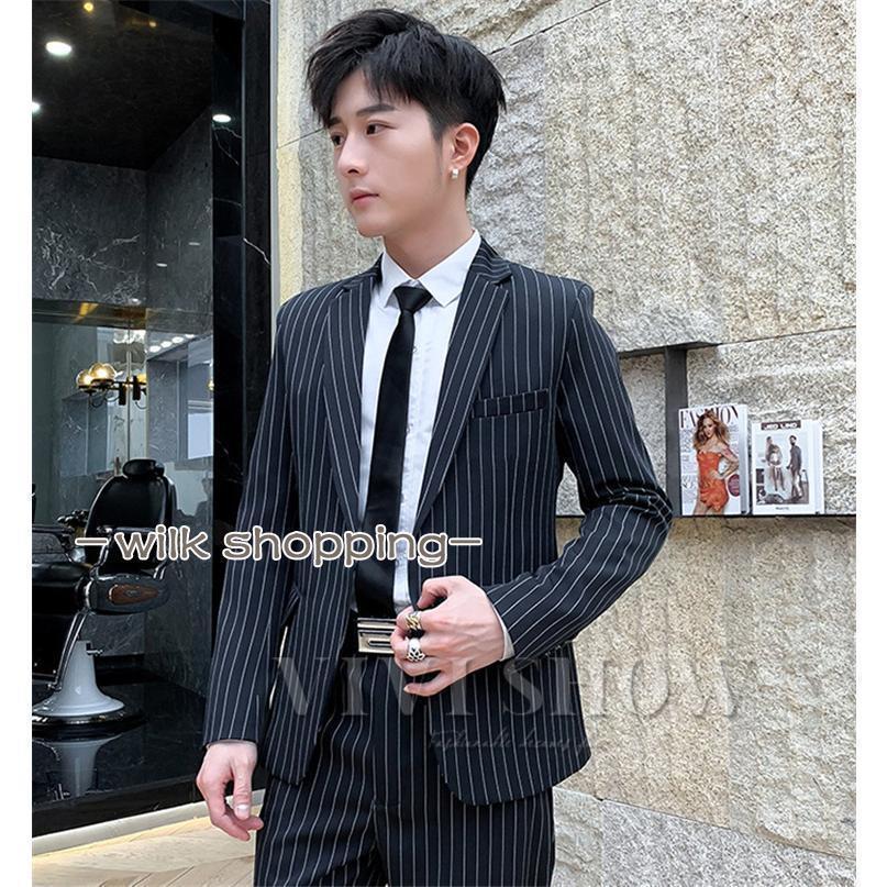 新作 ストライプ柄 2点セットアップ スリムスーツ カジュアル2ピース スーツ メンズおしゃれスーツ 通勤 入学卒業式