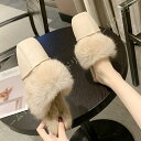 ファーサンダル かわいい ぺたんこ レディース ファー ファー付き サンダル ミュール サンダル 黒 靴 シューズ もこもこ あったか 秋 冬 ファー バブーシュ