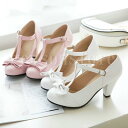 美脚 Tストラップパンプス PUMPS ラウンドトゥ ハイヒール レディース リボンシューズ 太ヒール 疲れない 7cm コスプレ ステージ 仮装 シューズ
