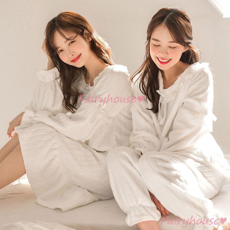 パジャマ ルームウェア レディース 冬 もこもこ パジャマ 長袖 フランネルパジャマ ルームウェア 上下セット/ワンピース 白 フレア 厚手 韓国風 部屋着 可愛い