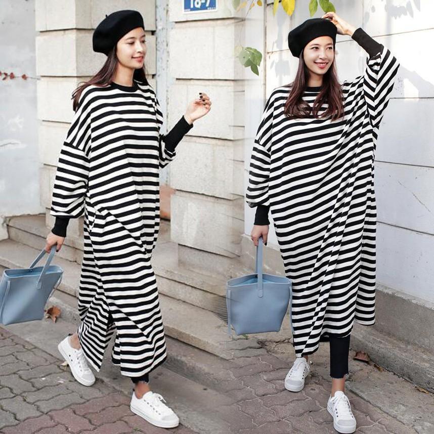 スウェットワンピース レディース 秋冬 ボーダー柄 マキシワンピース ロング丈スカート スポーツウェア..