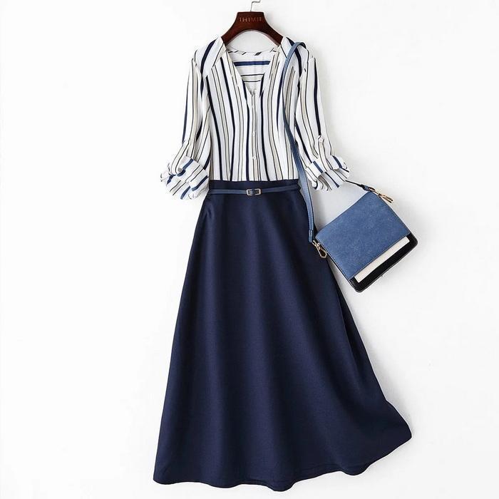 シャツワンピース レディース 40代膝丈ワンピース 春夏 五分袖ワンピース 切り替えストライプ柄 aライ..