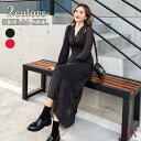 ロング丈 ワンピース 長袖 マキシ丈 ドット柄 Vネック エレガント 上品 ブラック レッド ワンピース レディース