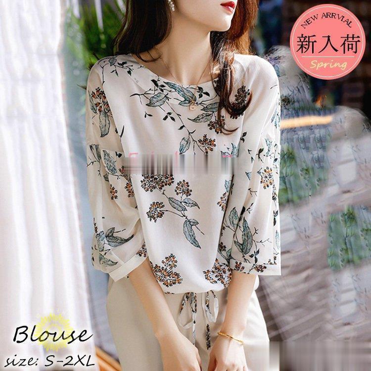 ブラウス レディース 七分袖ブラウス 春夏 オフィスブラウス 花柄 オシャレブラウス シフォントップス ..