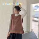 ニットベスト レディース プルオーバー ベスト Vネック ゆったり 女性用 ニット トップス ノースリーブ チョッキ サイドスリット ジレ-