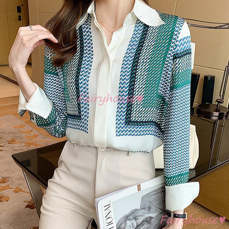 ブラウス レディース 長袖ブラウス 秋新作 オフィスブラウス プリント折り襟 オシャレブラウス シフォントップス 韓国風 大人 通勤OL ゆったりTシャツ 40代