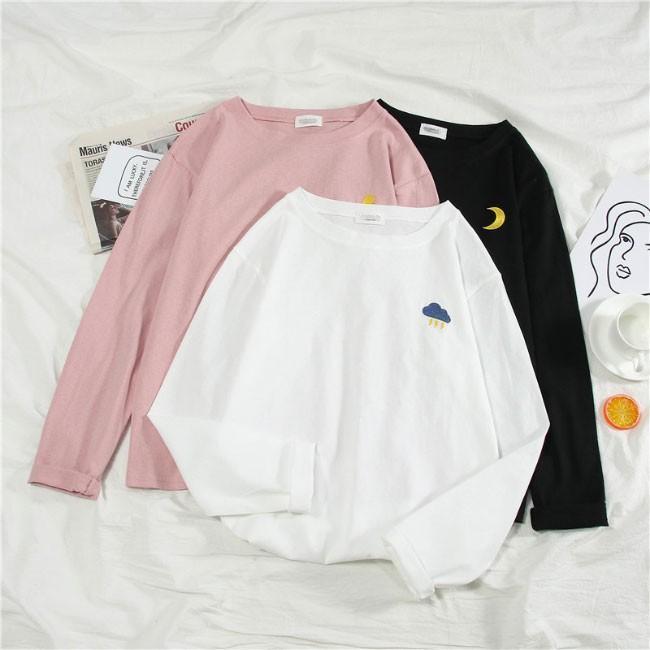 Tシャツ 長袖 レディース 長袖Tシャツ クルーネック カットソー 春秋 トップス シンプル 刺繍Tシャツ ..