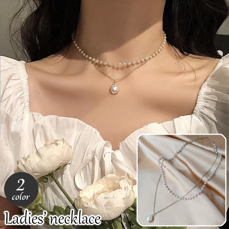 ネックレス ペンダント 2連風 レディース 女性用 フェイクパール 重ね付け風 アクセサリー チョーカー ..