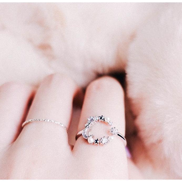 指輪 リング レディース 2個セット 細い 細め 華奢 極細 月 月モチーフ シルバー 星 スター フェイクパール きらきら キラキラ シンプル おし