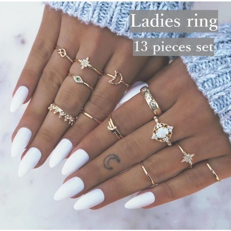 リング リングセット 指輪 レディース アクセサリー ゴールド ムーン ラインストーン 13本セット 王冠 月 クラウン おしゃれ カジュアル かわい