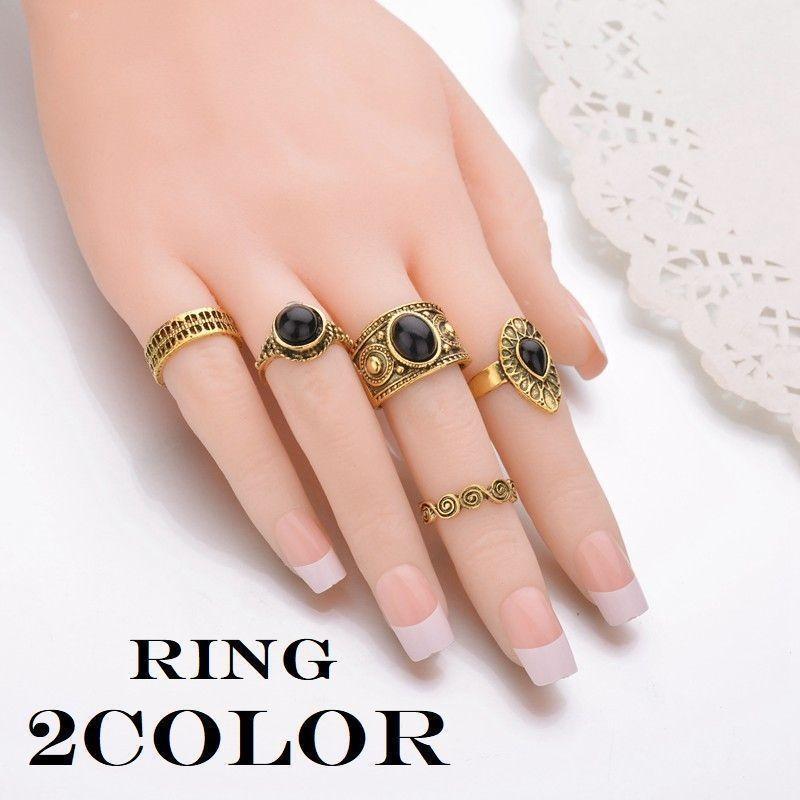 リング 指輪 5点セット アクセサリー レディース 宝石風 ジュエリー風 アンティーク レトロ 重ね付け ゴージャス 高級感 ゴールドカラー シルバー