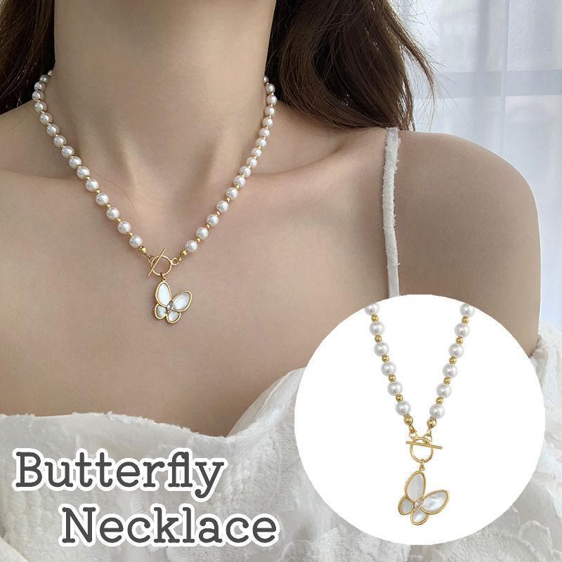 ネックレス ペンダント レディース 女性 首飾り アクセサリー 蝶 パール調 フェイクパール おしゃれ かわいい お出かけシーン 白
